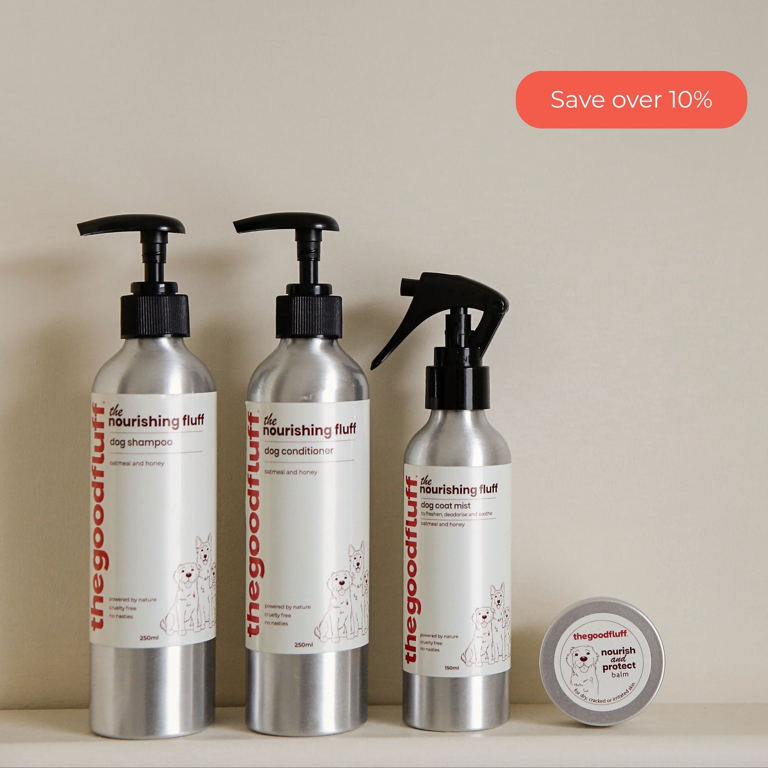 The Good Fluff Nourishing collection, natural pet care products on a neutral shelf with a discount label 'save over 10%' as part of the bundle collection